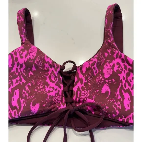 Maaji Size Medium Reversible Burgundy Animal Print Lace Up Swim Top - Picture 2 of 11